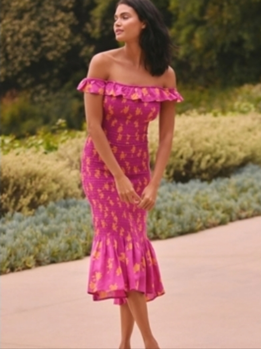NWT Anthropologie Off Shoulder Pink Floral Ruffle Smocked Dress